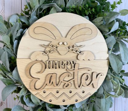 Unfinished version of wooden sign kit saying Happy Easter.