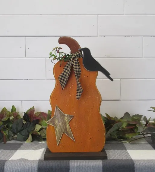 Wood Rustic Tall Pumpkin w Crow and Star Kit