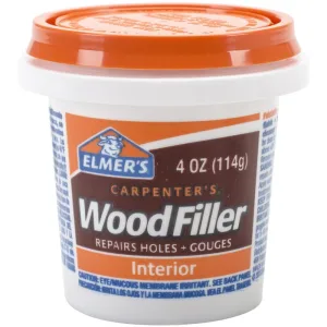 Elmer’s Carpenter’s Interior Wood Filler container for filling nail holes, cracks, and small imperfections in wood before painting.