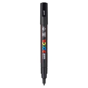 Fine-tip POSCA PC-3M paint marker in black shown with a slim bullet tip designed for detailed line work, outlining, and lettering on craft and wood surfaces.