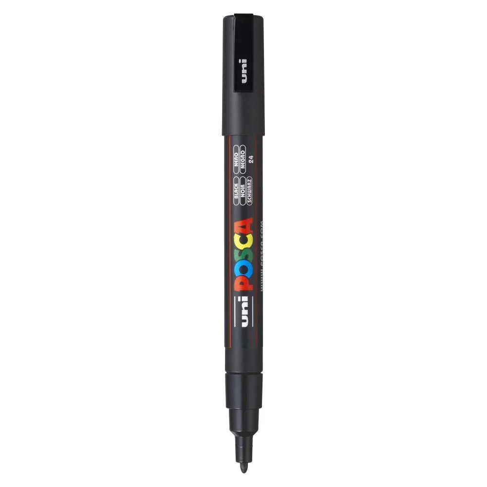 Fine-tip POSCA PC-3M paint marker in black shown with a slim bullet tip designed for detailed line work, outlining, and lettering on craft and wood surfaces.