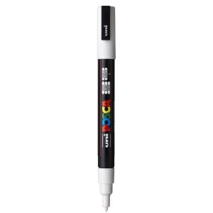 Fine-tip POSCA PC-3M paint marker in white shown with a slim bullet tip designed for detailed line work, outlining, and lettering on craft and wood surfaces.