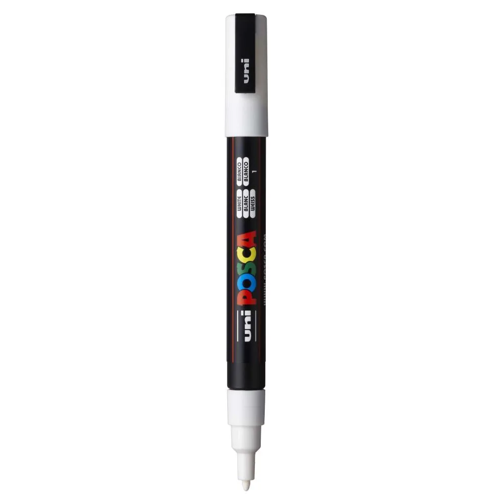 Fine-tip POSCA PC-3M paint marker in white shown with a slim bullet tip designed for detailed line work, outlining, and lettering on craft and wood surfaces.