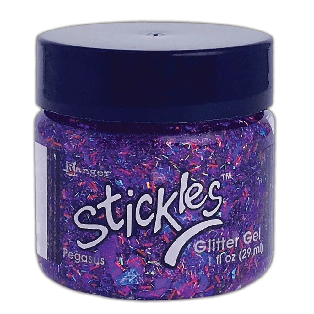 Stickles Glitter Gels in Pegasus color are easily spreadable and work great applied through a stencil or directly to surface. The color is similar to purple.