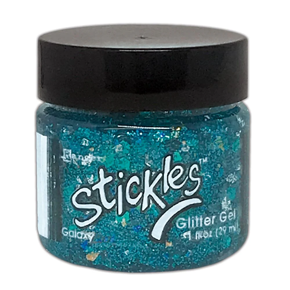 Stickles Glitter Gels in Galaxy color are easily spreadable and work great applied through a stencil or directly to surface. The color is similar to a turquoise or teal.