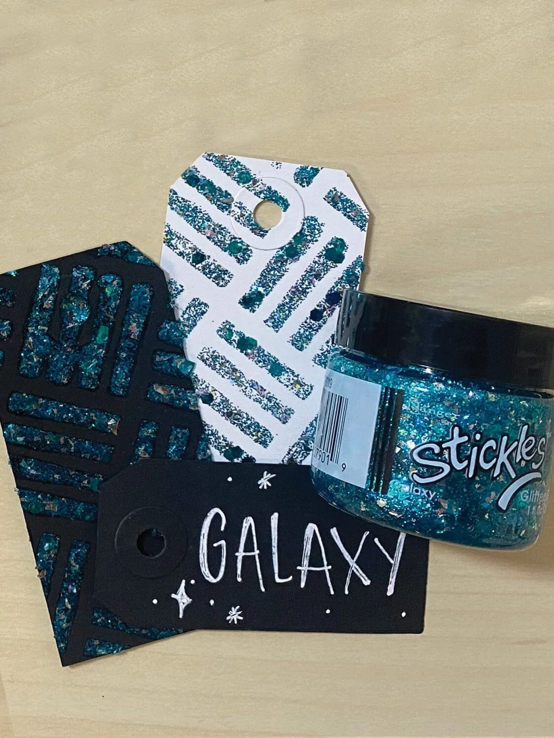 Some examples of using Galaxy color Glitter gels on paper crafts.