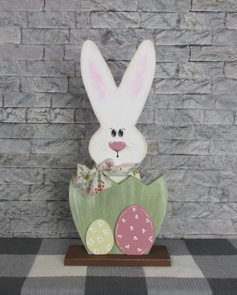 Wood Easter Bunny in Cracked Egg on Base